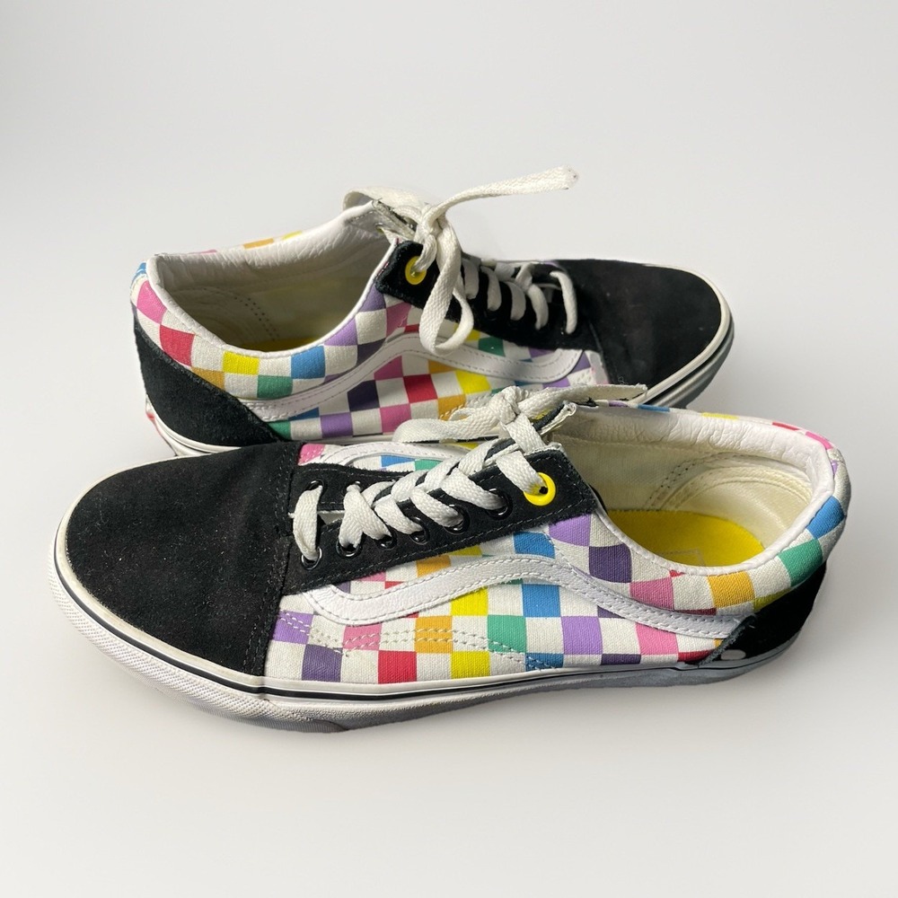 Vans Old Skool Rainbow Checkered Black Tie Up Women's Size‎ 9 Skater Shoes